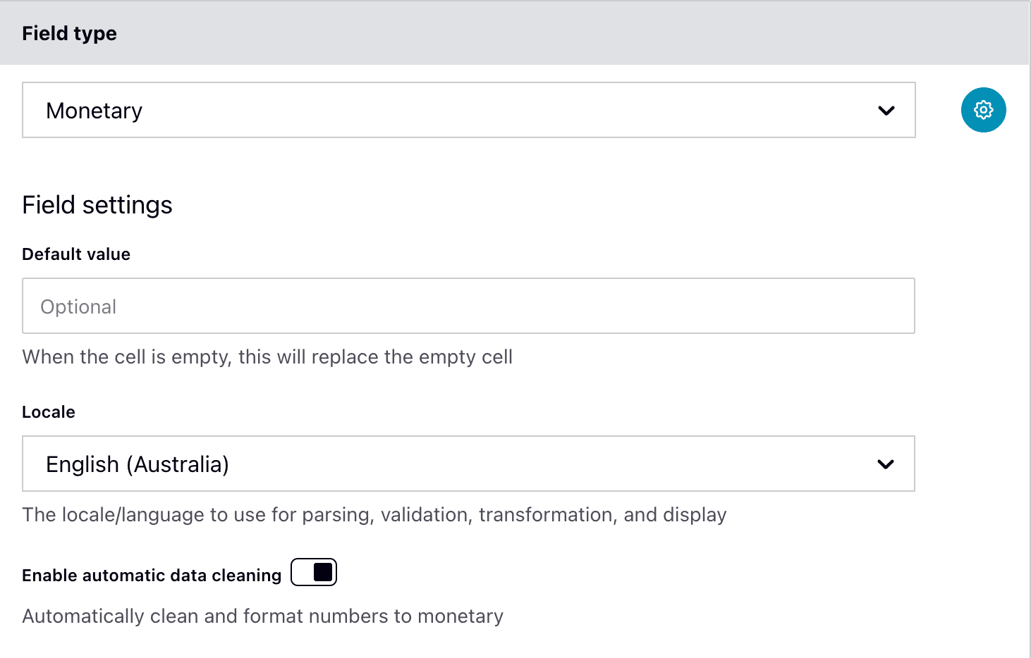Monetary field settings